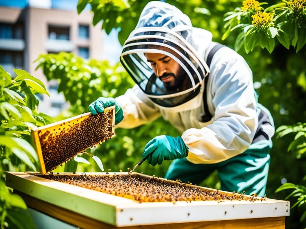 apicoltore che visita alveare