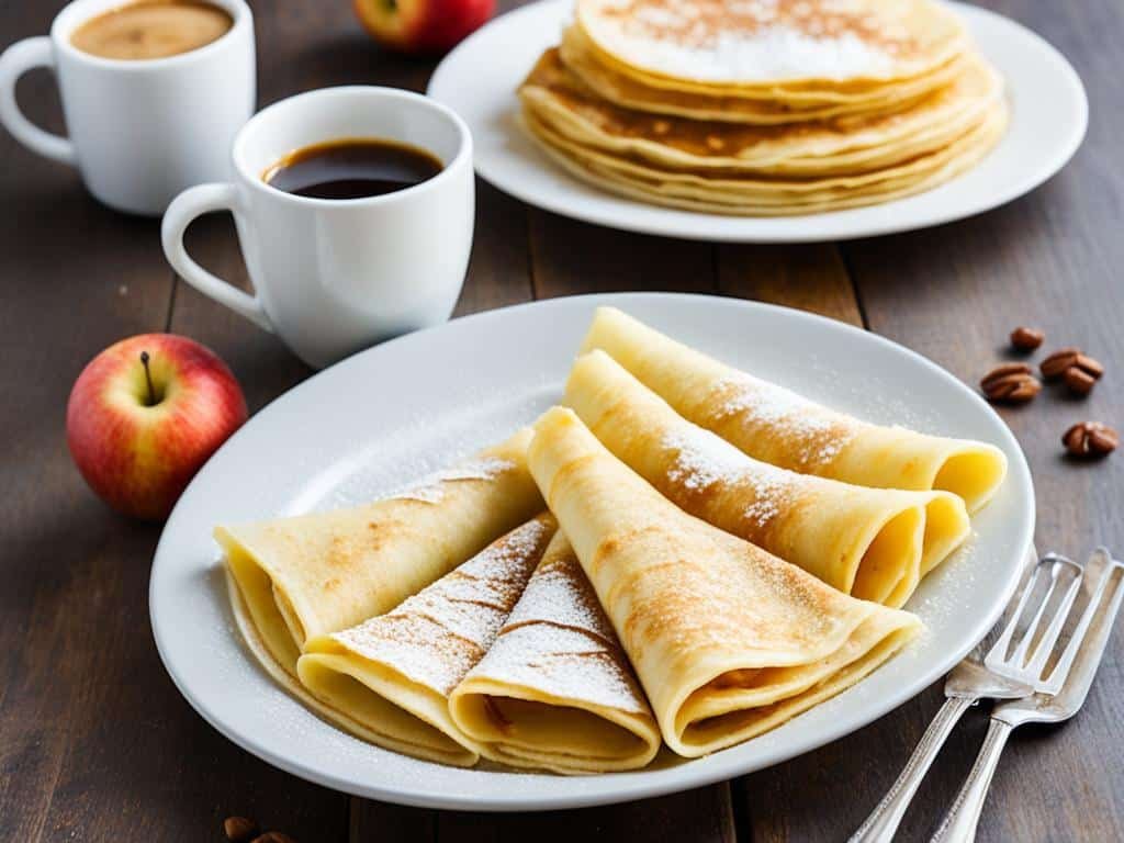 Crêpes ricoperte di miele, caffè latte e mela