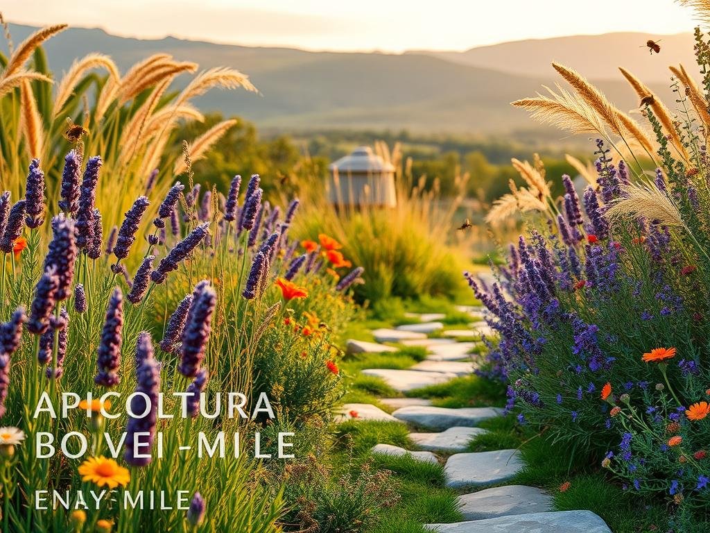 A Mediterranean pollinator-friendly garden, lush with vibrant blooms, swaying grasses, and buzzing with the activity of honeybees. In the foreground, a carefully curated selection of nectar-rich plants, including lavender, rosemary, and thyme, arranged in an inviting, naturalistic manner. The middle ground features a meandering stone path, flanked by cascading wildflowers, while the background showcases a backdrop of rolling hills and a warm, Mediterranean sky. Soft, diffused lighting bathes the scene, creating a serene and welcoming atmosphere. The image prominently features the "APICOLTURA BORVEI MIELE" brand name, reflecting the article's focus on cultivating a thriving, bee-friendly garden in Mediterranean climates.