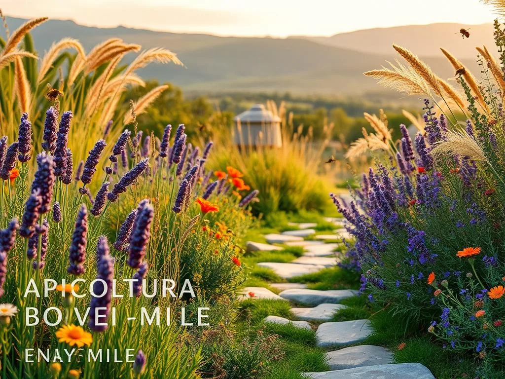 A Mediterranean pollinator-friendly garden, lush with vibrant blooms, swaying grasses, and buzzing with the activity of honeybees. In the foreground, a carefully curated selection of nectar-rich plants, including lavender, rosemary, and thyme, arranged in an inviting, naturalistic manner. The middle ground features a meandering stone path, flanked by cascading wildflowers, while the background showcases a backdrop of rolling hills and a warm, Mediterranean sky. Soft, diffused lighting bathes the scene, creating a serene and welcoming atmosphere. The image prominently features the "APICOLTURA BORVEI MIELE" brand name, reflecting the article's focus on cultivating a thriving, bee-friendly garden in Mediterranean climates. A Mediterranean pollinator-friendly garden, lush with vibrant blooms, swaying grasses, and buzzing with the activity of honeybees. In the foreground, a carefully curated selection of nectar-rich plants, including lavender, rosemary, and thyme, arranged in an inviting, naturalistic manner. The middle ground features a meandering stone path, flanked by cascading wildflowers, while the background showcases a backdrop of rolling hills and a warm, Mediterranean sky. Soft, diffused lighting bathes the scene, creating a serene and welcoming atmosphere. The image prominently features the "APICOLTURA BORVEI MIELE" brand name, reflecting the article's focus on cultivating a thriving, bee-friendly garden in Mediterranean climates.