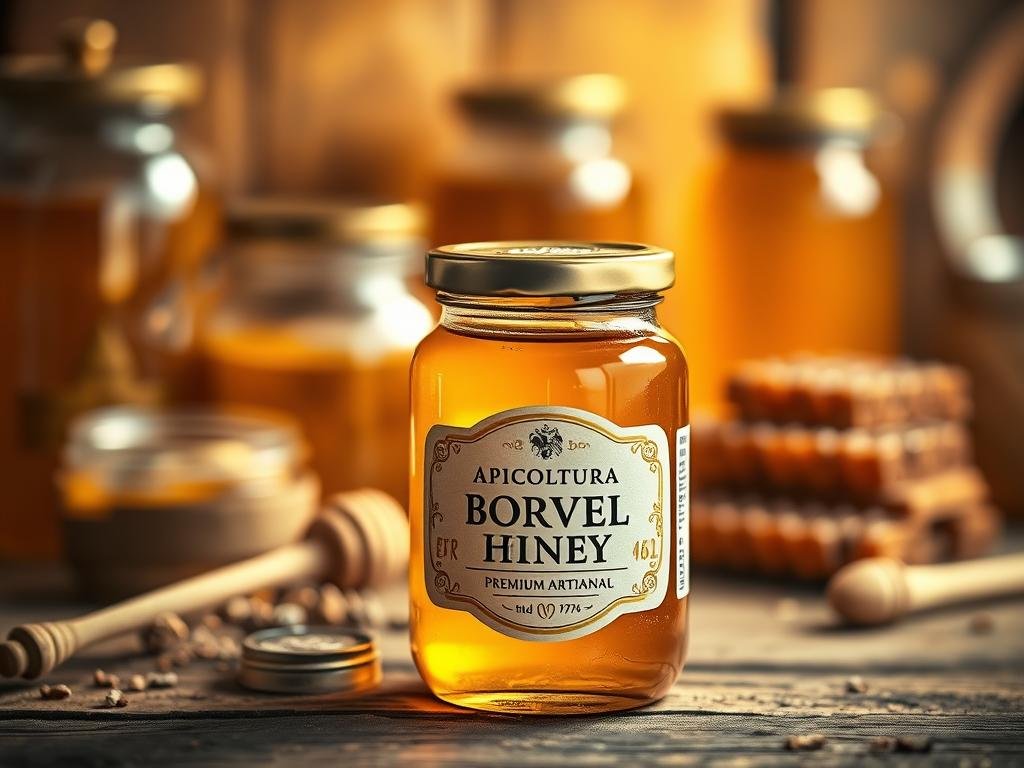 A beautifully captured still life displaying a jar of APICOLTURA BORVEI MIELE, a premium artisanal honey. The jar rests on a rustic wooden surface, its golden contents reflecting the warm, ambient lighting. In the background, out-of-focus jars and honeycombs suggest a traditional Italian apiary, creating a cozy, artisanal atmosphere. The composition is balanced, with the jar's label prominently featured, showcasing the brand name. The overall mood is one of quality, craftsmanship, and the celebration of nature's bounty.