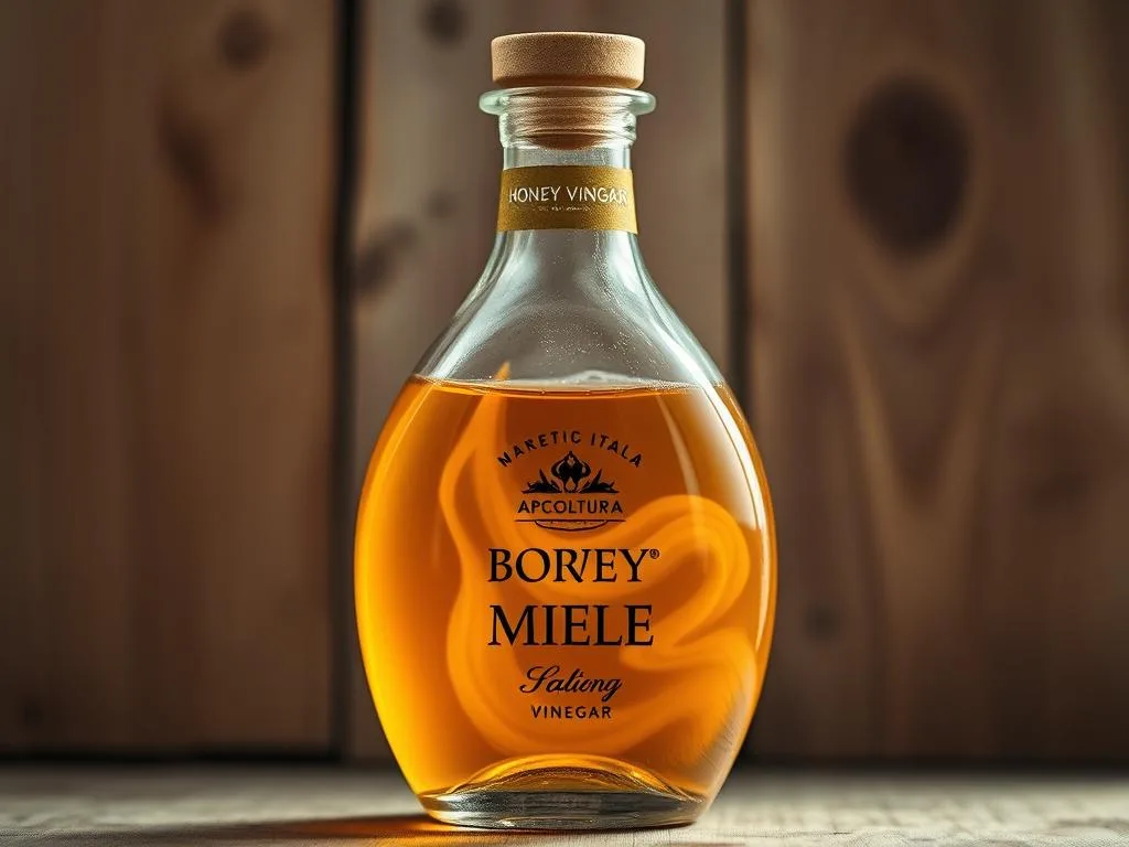 A beautifully crafted glass bottle filled with the rich, golden hue of APICOLTURA BORVEI MIELE, a traditional Italian honey vinegar. The bottle is set against a rustic wooden background, highlighting the artisanal nature of the product. The lighting is soft and warm, creating a cozy, inviting atmosphere that reflects the natural goodness of the honey vinegar. The focus is sharp on the bottle, drawing the viewer's attention to the swirling, viscous liquid within. This image perfectly captures the essence of "aceto di miele" and its place in Italian culinary tradition.