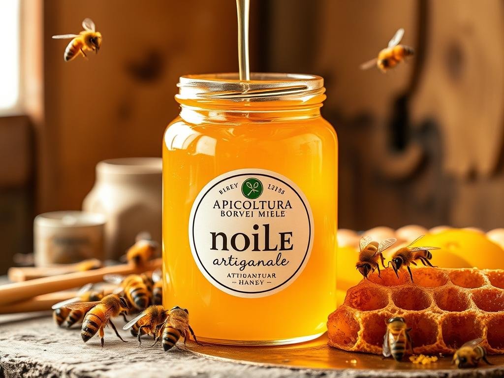 A beautifully crafted glass jar filled with golden, viscous "miele artigianale" from APICOLTURA BORVEI MIELE. The jar is set against a warm, rustic background with hints of wooden textures and natural light filtering in. Bees hover around freshly harvested honeycomb, their soft buzzing adding to the tranquil atmosphere. The scene conveys the care and attention put into producing this artisanal honey, a true labor of love captured in a single frame.