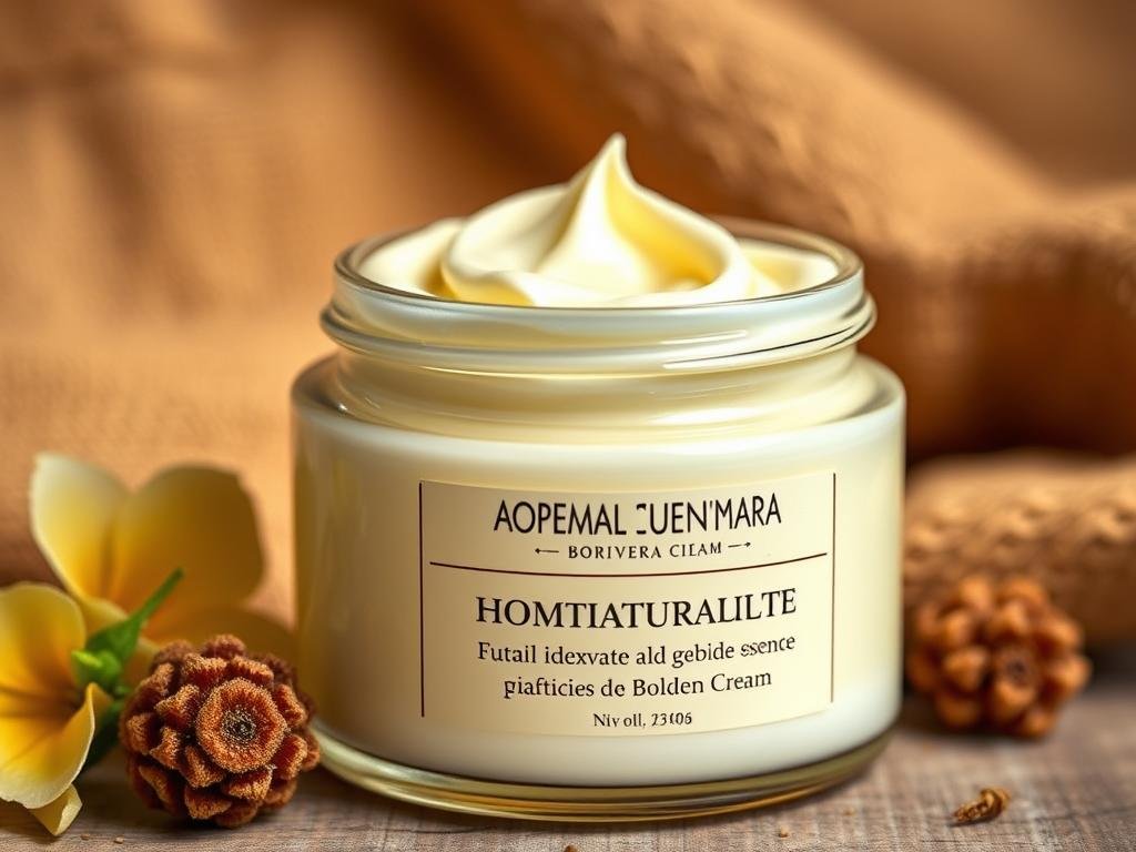 A beautifully crafted homemade moisturizing cream, infused with the golden essence of beeswax from the APICOLTURA BORVEI MIELE brand. The cream is meticulously prepared, with a smooth, creamy texture that glistens under the soft lighting. The jar is set against a backdrop of warm, earthy tones, evoking the natural, artisanal nature of the product. The composition showcases the cream's luxurious appearance, highlighting its potential to nourish and hydrate the skin. The overall scene exudes a sense of craftsmanship and care, perfectly aligned with the section title "Preparazione della Crema Idratante Fatta in Casa con Cera d'Api".