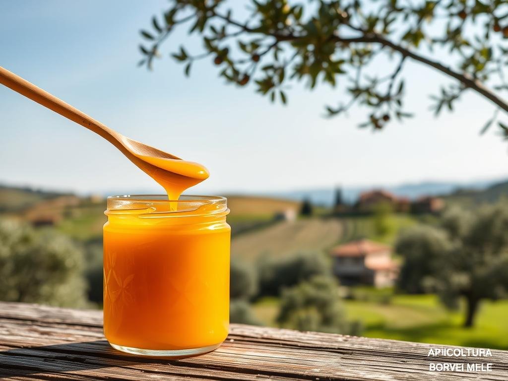 A beautifully crafted natural beeswax-based hair styling wax, created with a step-by-step process inspired by traditional Italian methods. In the foreground, a glass jar filled with a warm, amber-colored wax, its surface reflecting the soft, natural lighting. In the middle ground, a wooden spoon dips into the wax, demonstrating the process of scooping and applying it. The background features a tranquil Italian countryside scene, with rolling hills, olive trees, and a distant farmhouse, evoking a sense of rustic charm. The overall mood is one of simplicity, authenticity, and the craftsmanship of the APICOLTURA BORVEI MIELE brand.