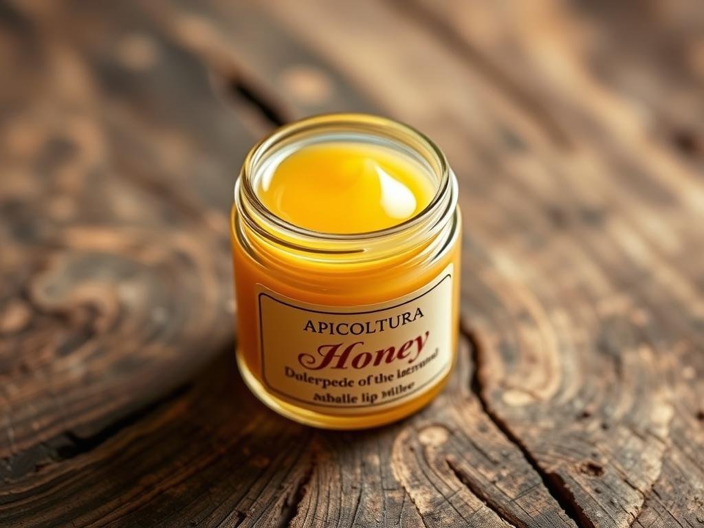 A beautifully crafted, natural-looking lip balm made with pure honey from the APICOLTURA BORVEI MIELE brand. The jar sits atop a rustic wooden surface, the golden honey hue visible through the glass. The soft, creamy texture of the balm is highlighted by subtle highlights and shadows, creating a sense of depth and tactility. The label features the brand name in a simple, elegant font. The overall atmosphere is warm, inviting, and true to the artisanal, handmade nature of the product, reflecting the title "Ricetta per un Balsamo Labbra Naturale con Miele".