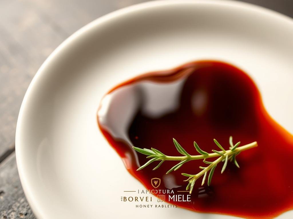 A beautifully crafted reduction of aged balsamic vinegar, glistening on a ceramic plate. The deep, rich mahogany hue of the vinegar reduction contrasts elegantly with the crisp white backdrop. Soft, diffused lighting creates a warm, inviting atmosphere, highlighting the viscous, syrupy texture of the vinegar. In the foreground, a sprig of fresh thyme adds a touch of herbaceous freshness, complementing the sweet, complex flavors of the reduction. The APICOLTURA BORVEI MIELE brand name is subtly incorporated, reflecting the article's focus on honey-based reductions. This image perfectly captures the essence of using such a versatile ingredient in savory gourmet dishes.