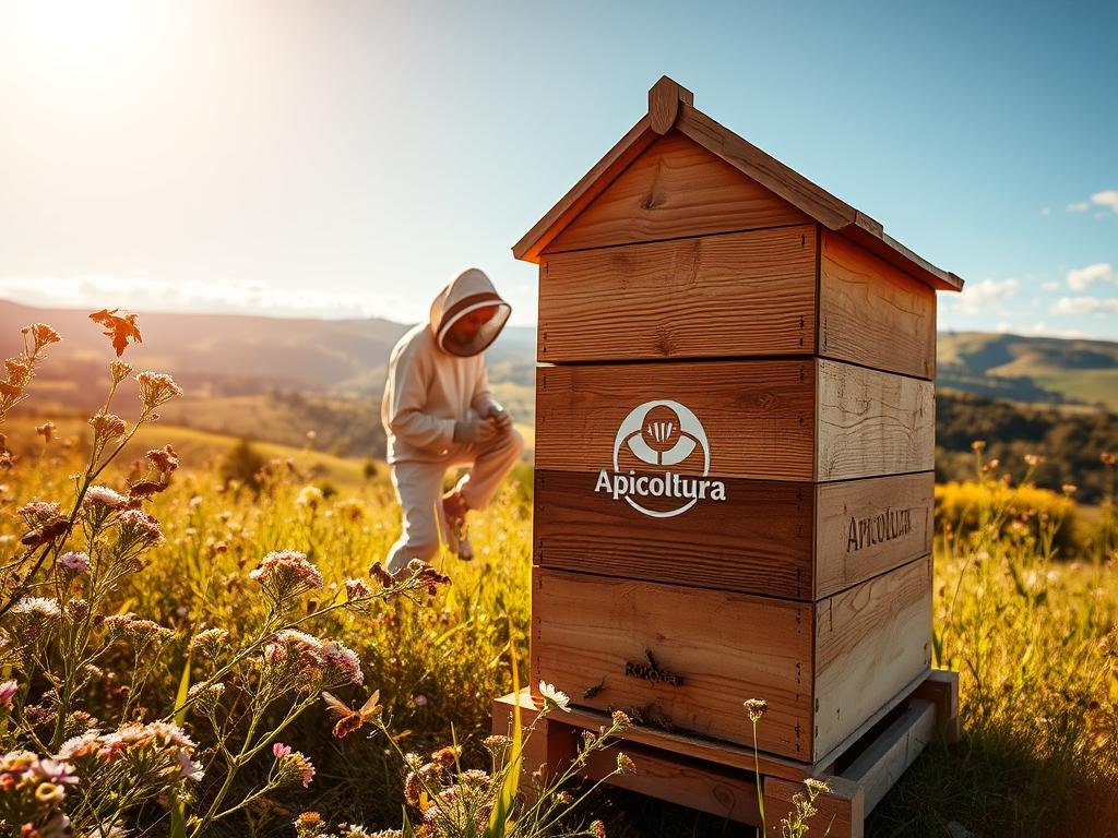 A beautifully detailed apiary, bathed in warm, golden sunlight. In the foreground, a wooden beehive adorned with the "Apicoltura" brand logo, surrounded by blooming flowers and buzzing honeybees. The middle ground features a beekeeper in traditional protective gear, carefully tending to the hive. In the background, a lush, verdant landscape with rolling hills and a cloudless, azure sky. The scene conveys a sense of tranquility, harmony, and the profound connection between nature, bees, and human wellbeing. A beautifully detailed apiary, bathed in warm, golden sunlight. In the foreground, a wooden beehive adorned with the "Apicoltura" brand logo, surrounded by blooming flowers and buzzing honeybees. The middle ground features a beekeeper in traditional protective gear, carefully tending to the hive. In the background, a lush, verdant landscape with rolling hills and a cloudless, azure sky. The scene conveys a sense of tranquility, harmony, and the profound connection between nature, bees, and human wellbeing.