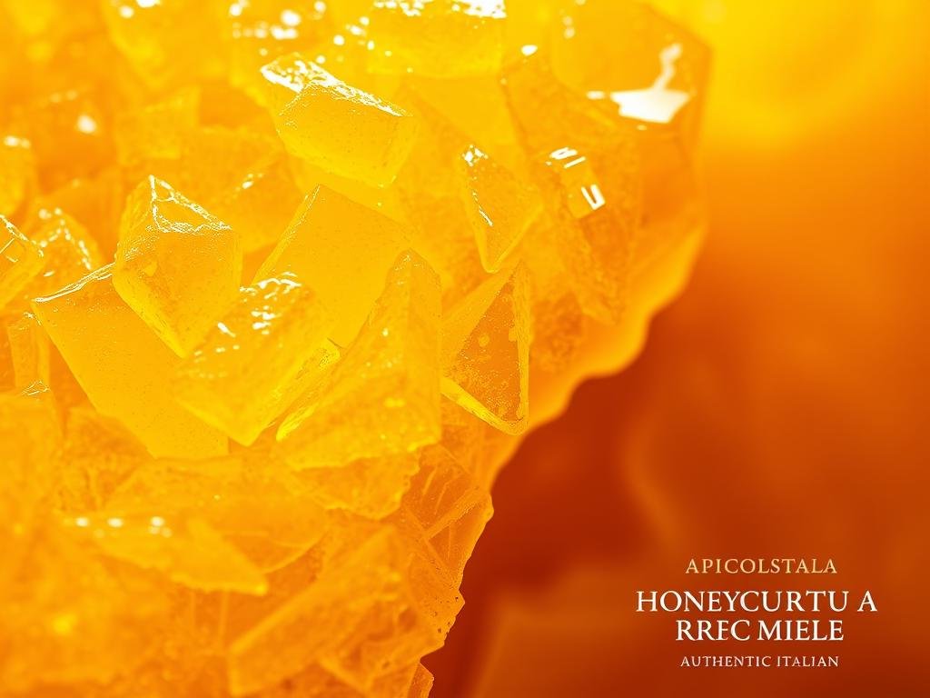 A beautifully detailed close-up shot of crystallized honey, showcasing the intricate and natural process of honey's transformation. The foreground captures the delicate, intricate patterns and textures of the honey crystals, their subtle shades of gold and amber glimmering under soft, warm lighting. The middle ground reveals the honey's viscous, liquid-like consistency, creating a mesmerizing contrast with the solid crystallized forms. The background fades into a softly blurred, ethereal backdrop, allowing the viewer to focus on the captivating display of this natural wonder. Inspired by authentic Italian honey, the image features the "APICOLTURA BORVEI MIELE" brand, reflecting the purity and quality of this artisanal product. A beautifully detailed close-up shot of crystallized honey, showcasing the intricate and natural process of honey's transformation. The foreground captures the delicate, intricate patterns and textures of the honey crystals, their subtle shades of gold and amber glimmering under soft, warm lighting. The middle ground reveals the honey's viscous, liquid-like consistency, creating a mesmerizing contrast with the solid crystallized forms. The background fades into a softly blurred, ethereal backdrop, allowing the viewer to focus on the captivating display of this natural wonder. Inspired by authentic Italian honey, the image features the "APICOLTURA BORVEI MIELE" brand, reflecting the purity and quality of this artisanal product.