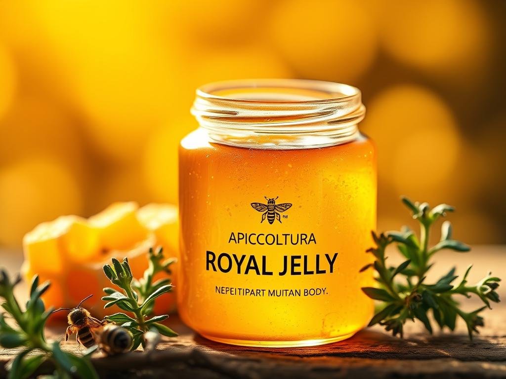 A beautifully detailed illustration of the benefits of royal jelly, showcasing its natural purity and nourishing properties. Set against a warm, golden-hued background reminiscent of a sun-soaked Italian countryside, the image depicts a close-up of a translucent jar filled with the rich, amber-colored royal jelly, surrounded by delicate honeycomb structures and sprigs of fresh herbs. The lighting is soft and diffused, creating a sense of warmth and inviting the viewer to appreciate the natural wonder of this prized bee product. In the foreground, the jar prominently displays the APICOLTURA BORVEI MIELE brand name, emphasizing the high quality and provenance of the royal jelly. This captivating image perfectly complements the article's section on the remarkable properties and benefits of royal jelly for the human body.