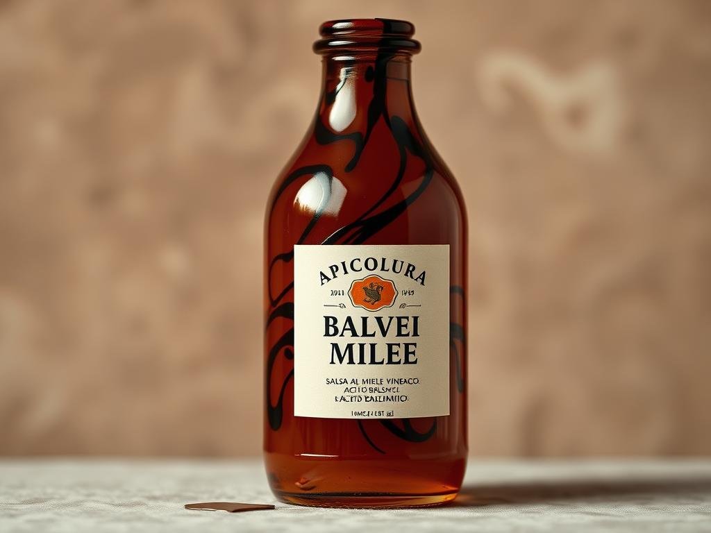 A beautifully handcrafted glass bottle filled with a rich, amber-colored liquid. The label prominently displays the text "APICOLTURA BORVEI MIELE", indicating that this is a honey-based product. On the bottle's surface, intricate swirls and drips of a dark, viscous liquid create an abstract pattern, evoking the artisanal nature of this balsamic vinegar-infused salsa. In the background, a soft, muted color palette of earthy tones sets a warm and inviting atmosphere, hinting at the flavors of this classic Italian condiment. The overall composition exudes a sense of rustic elegance, perfectly capturing the essence of "Salsa al Miele e Aceto Balsamico" and its versatility in elevating salads and main dishes. A beautifully handcrafted glass bottle filled with a rich, amber-colored liquid. The label prominently displays the text "APICOLTURA BORVEI MIELE", indicating that this is a honey-based product. On the bottle's surface, intricate swirls and drips of a dark, viscous liquid create an abstract pattern, evoking the artisanal nature of this balsamic vinegar-infused salsa. In the background, a soft, muted color palette of earthy tones sets a warm and inviting atmosphere, hinting at the flavors of this classic Italian condiment. The overall composition exudes a sense of rustic elegance, perfectly capturing the essence of "Salsa al Miele e Aceto Balsamico" and its versatility in elevating salads and main dishes.