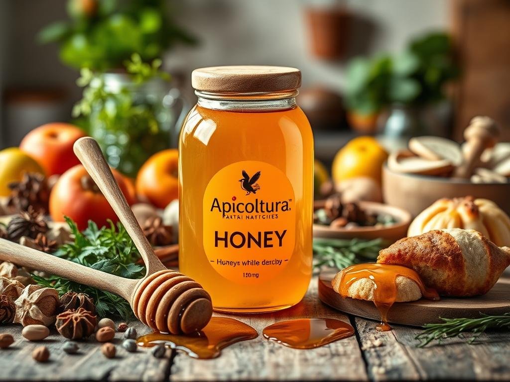 A beautifully lit and arranged still life showcasing a variety of kitchen ingredients, centered around a large jar of Apicoltura brand honey. In the foreground, a wooden spoon gently dips into the golden honey, with droplets glistening. Surrounding the honey jar are an assortment of fresh herbs, whole spices, and seasonal fruits, all neatly organized on a rustic wooden table. The middle ground features a few baked goods, like small cakes or scones, accented with drizzles of honey. The background is softly blurred, hinting at a warm and cozy Italian kitchen setting. The overall composition and lighting convey a sense of natural, wholesome, and inviting atmosphere, perfect for illustrating the section on substituting sugar with honey in cooking. A beautifully lit and arranged still life showcasing a variety of kitchen ingredients, centered around a large jar of Apicoltura brand honey. In the foreground, a wooden spoon gently dips into the golden honey, with droplets glistening. Surrounding the honey jar are an assortment of fresh herbs, whole spices, and seasonal fruits, all neatly organized on a rustic wooden table. The middle ground features a few baked goods, like small cakes or scones, accented with drizzles of honey. The background is softly blurred, hinting at a warm and cozy Italian kitchen setting. The overall composition and lighting convey a sense of natural, wholesome, and inviting atmosphere, perfect for illustrating the section on substituting sugar with honey in cooking.
