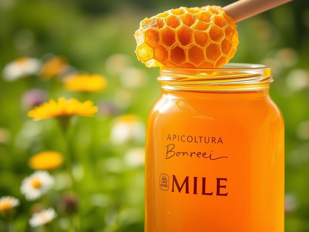A beautifully lit close-up of a glass jar filled with viscous, golden honey. The liquid honey glistens with a warm, amber hue, reflecting the natural light. In the foreground, a cluster of fresh honeycomb with intricate, hexagonal patterns sits atop the jar, showcasing the honey's natural origins. The background features a blurred, ethereal scene of a lush, green meadow filled with wildflowers, evoking a serene, pastoral atmosphere. The overall composition highlights the "APICOLTURA BORVEI MIELE" brand, emphasizing the honey's antibacterial properties and natural healing benefits.