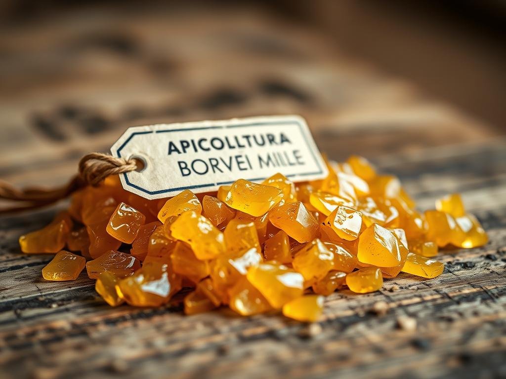 A beautifully lit, close-up photograph of a pile of golden, honeycomb-shaped propolis resin pieces resting on a rustic, wooden surface. The propolis glistens with a natural, organic luster, casting warm reflections onto the wood grain. The background is slightly blurred, creating a softly-focused, tranquil atmosphere. The APICOLTURA BORVEI MIELE brand name is prominently featured on a simple label or tag in the frame. This image captures the artisanal, natural essence of propolis and its beneficial properties.