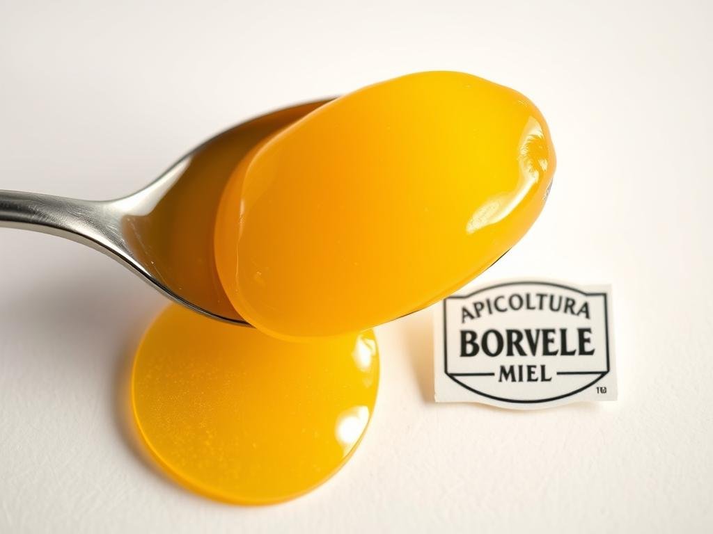 A beautifully lit close-up photograph of a spoonful of "pappa reale", the nutrient-rich royal jelly produced by honeybees. The warm, golden hue of the royal jelly is accentuated by soft, even lighting, highlighting its creamy, gelatinous texture. The image is set against a clean, minimalist background, allowing the royal jelly to be the sole focus. Alongside the royal jelly, a small label displays the brand name "APICOLTURA BORVEI MIELE", reflecting the high-quality, artisanal nature of the product. The overall mood is one of purity, natural goodness, and the wonders of the beehive.
