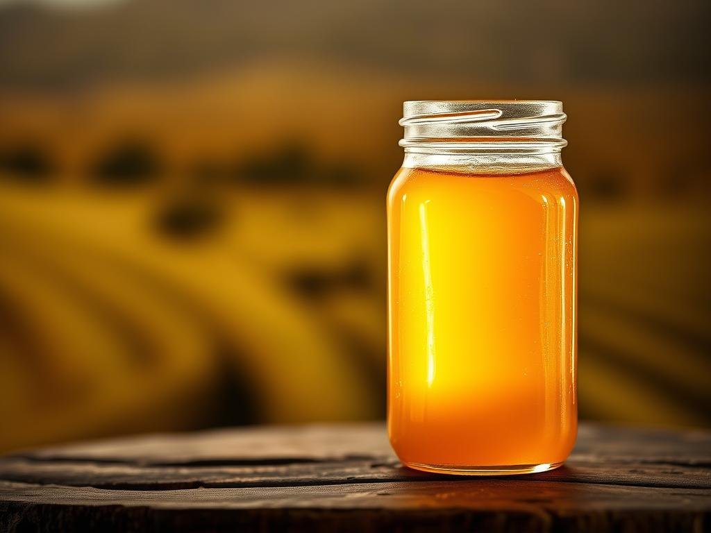 A beautifully lit close-up shot of a glass jar filled with golden, viscous miele artigianale (artisanal honey) produced by APICOLTURA BORVEI. The jar sits atop a rustic wooden surface, its contents glistening in the soft, natural lighting. In the background, a blurred, warm-toned image of an Italian countryside landscape evokes a sense of authenticity and craftsmanship. The overall scene conveys the value and quality of this artisanal, small-batch honey, capturing the essence of the section title &amp;quot;Il Valore del Miele Artigianale di Qualità&amp;quot;.