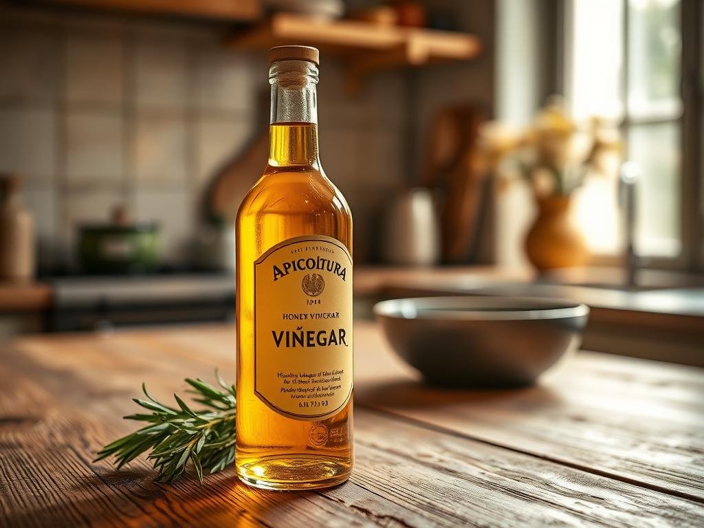A beautifully lit kitchen scene, featuring a glass bottle of golden "Apicoltura" honey vinegar on a rustic wooden table. The vinegar's warm amber hue is highlighted by soft, natural lighting filtering through a window. Fresh herbs, perhaps rosemary or thyme, are artfully arranged nearby, hinting at the vinegar's versatility in various culinary applications. The overall mood is one of simplicity, quality, and the celebration of natural ingredients - a visual representation of the versatility of honey vinegar in the kitchen.