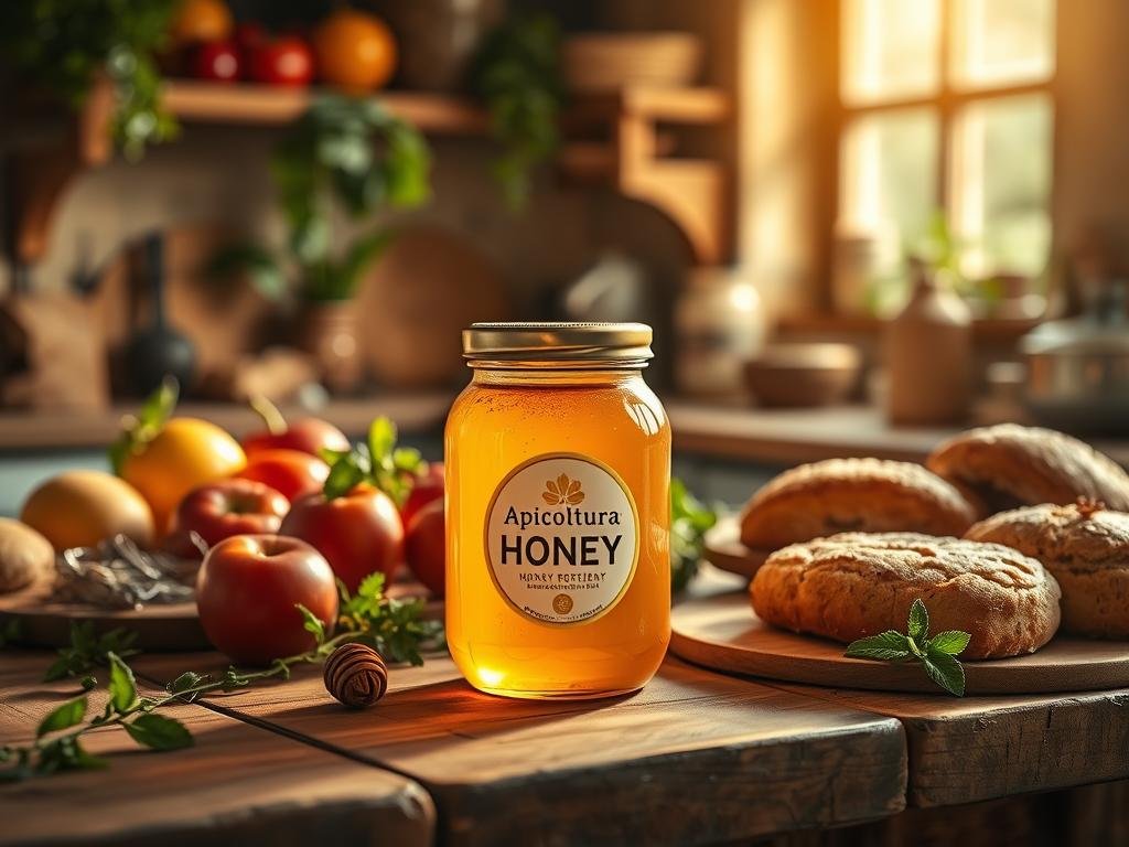 A beautifully lit rustic kitchen scene, showcasing a jar of Apicoltura honey prominently displayed on a wooden countertop. The honey glistens, surrounded by fresh seasonal ingredients like fruits, herbs, and baked goods, all arranged in a visually appealing manner. The kitchen is bathed in warm, golden light, creating a cozy and inviting atmosphere. The focus is on the honey, highlighting its versatility and how it can be seamlessly incorporated into various culinary preparations. The image conveys the idea of using honey as a natural, healthful ingredient in Italian cuisine. A beautifully lit rustic kitchen scene, showcasing a jar of Apicoltura honey prominently displayed on a wooden countertop. The honey glistens, surrounded by fresh seasonal ingredients like fruits, herbs, and baked goods, all arranged in a visually appealing manner. The kitchen is bathed in warm, golden light, creating a cozy and inviting atmosphere. The focus is on the honey, highlighting its versatility and how it can be seamlessly incorporated into various culinary preparations. The image conveys the idea of using honey as a natural, healthful ingredient in Italian cuisine.