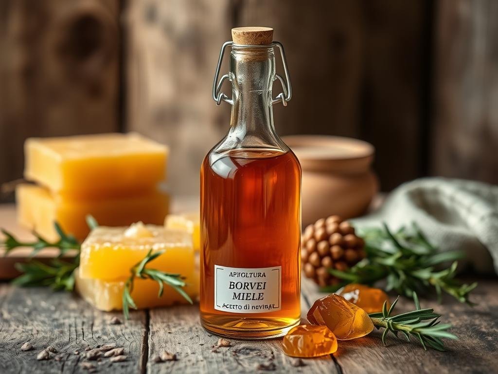 A beautifully lit still life featuring a glass bottle filled with the rich, golden hue of honey vinegar, also known as "aceto di miele". The bottle is prominently displayed on a rustic wooden surface, surrounded by complementary elements such as sprigs of rosemary, a few whole honeycomb pieces, and a small label that clearly displays the brand name "APICOLTURA BORVEI MIELE". The lighting is soft and diffused, creating a warm, inviting atmosphere that highlights the natural beauty of the ingredients. The composition is balanced and visually appealing, drawing the viewer's attention to the star of the scene - the exquisite aceto di miele. The overall mood evokes a sense of traditional Italian craftsmanship and the care taken in preserving the unique properties of this artisanal product.