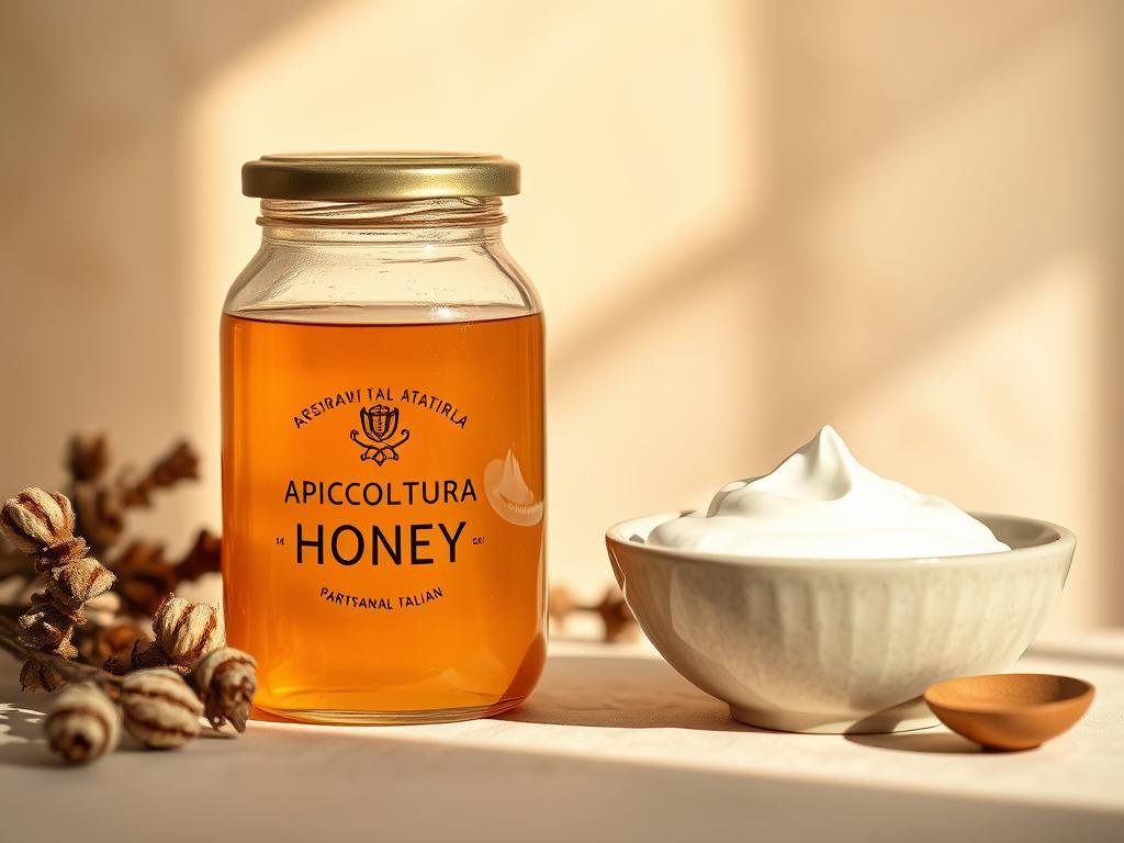 A beautifully lit still life featuring a glass jar of golden honey and a ceramic bowl of creamy white yogurt, set against a warm neutral background. The honey jar bears the label "APICOLTURA BORVEI MIELE", highlighting the artisanal Italian provenance. The scene is bathed in soft, natural light, casting gentle shadows and highlighting the textures of the ingredients. The overall mood is one of simplicity, quality, and healthy indulgence, perfectly capturing the essence of a delightful, nutritious breakfast.
