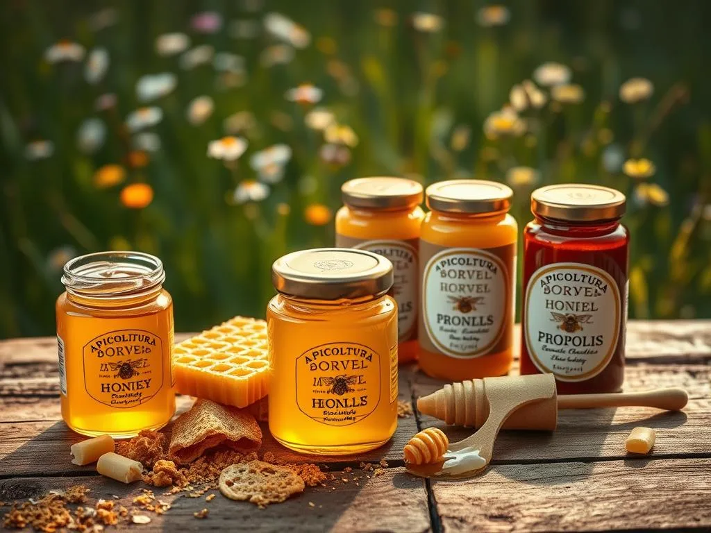A beautifully lit still life showcasing an array of authentic Italian beehive products on a rustic wooden surface. In the foreground, a glass jar of golden APICOLTURA BORVEI MIELE honey glistens, surrounded by a sprinkling of honeycomb, pollen, and beeswax candles. In the middle ground, artisanal jars of creamed honey and propolis extracts sit alongside a vintage honey dipper. The background features a verdant meadow with blooming wildflowers, hinting at the natural origins of these premium apiary treasures. Warm, soft lighting casts a golden glow, evoking the rich, earthy tones of the genuine hive-sourced wares.