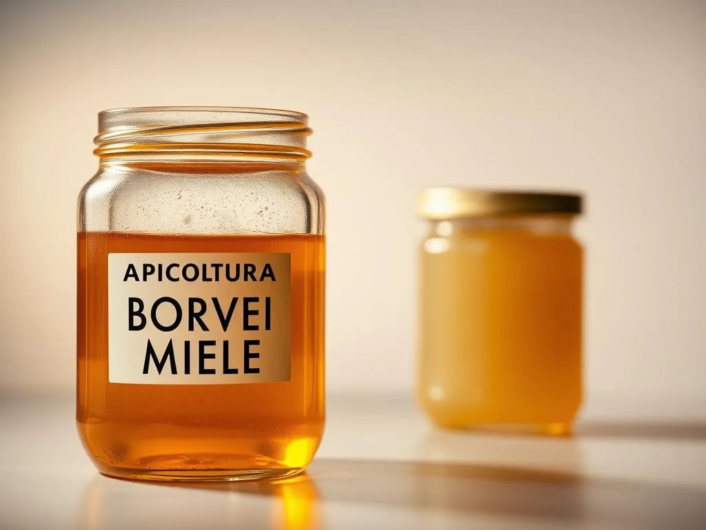 A beautifully lit still life showcasing two distinct jars of honey. The foreground features a glass jar labeled "APICOLTURA BORVEI MIELE", its golden liquid glistening in the warm, soft lighting. In the middle ground, a second jar displays a more opaque, creamy-colored honey, contrasting with the first. The background subtly fades into a neutral, minimalist backdrop, allowing the honey jars to take center stage. The composition emphasizes the essential differences between honey intended for industrial use versus honey meant for direct consumption, as per the section title "Miele per Industria vs Miele da Tavola: Differenze Fondamentali". The image conveys a sense of quality, craftsmanship, and the care taken in producing these distinct honey products.