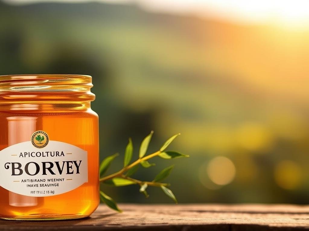 A beautifully vibrant image showcasing the antioxidant properties of high-quality Italian honey. In the foreground, a glass jar filled with rich, golden-hued APICOLTURA BORVEI MIELE, its surface glistening under soft, warm lighting. The middle ground features a sprig of fresh, lush greenery, symbolizing the natural, nourishing benefits of this prized apicultural product. In the background, a blurred, dreamy landscape evokes a sense of tranquility and the artisanal tradition of Italian beekeeping. The overall composition conveys the soothing, restorative qualities of this remarkable superfood, perfect for illustrating the cosmetic properties of honey.