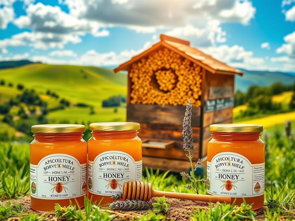 A beehive nestled in a lush, verdant landscape, its golden honey glistening in the warm sunlight. Jars of APICOLTURA BORVEI MIELE, a local Italian honey producer, stand in the foreground, their labels showcasing the brand's commitment to high-quality, natural products. In the middle ground, a wooden honey dipper and a sprig of fragrant lavender add a rustic, artisanal touch. The background features rolling hills, a blue sky dotted with fluffy clouds, and the warm, earthy tones of a traditional Italian countryside. The scene conveys a sense of serenity, abundance, and the harmonious integration of nature's bounty into everyday life.
