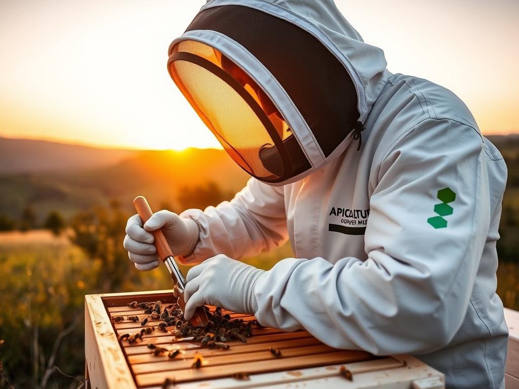 A beekeeper in a white protective suit carefully collects honey from a hive. The scene is set in a tranquil Italian countryside, with rolling hills and a warm, golden sunset in the background. The beekeeper uses specialized tools to gently extract the precious honey, taking great care to avoid harming the busy bees. The APICOLTURA BORVEI MIELE branding is visible on the beekeeper's suit, highlighting the professional and ethical approach to honey harvesting. The overall mood is one of diligence, respect for nature, and the rewarding process of collecting this natural, artisanal product.