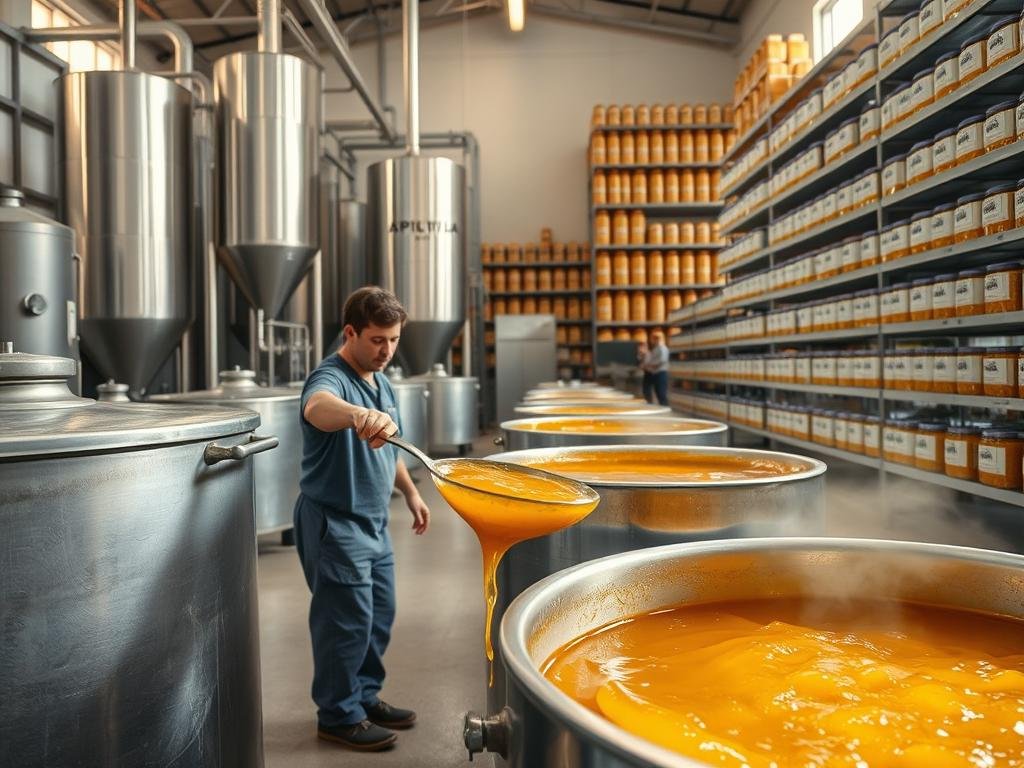 A beeswax-centric scene in an Italian food processing facility. In the foreground, a worker carefully scoops glistening golden beeswax from a large steel vat, its warm hue casting a soft glow. In the middle ground, rows of stainless steel equipment and storage silos hint at the industrial nature of the environment. The background features towering shelves laden with jars and tins, the APICOLTURA BORVEI MIELE brand proudly displayed. Soft lighting filters in through high windows, creating a serene, artisanal atmosphere despite the commercial setting. A beeswax-centric scene in an Italian food processing facility. In the foreground, a worker carefully scoops glistening golden beeswax from a large steel vat, its warm hue casting a soft glow. In the middle ground, rows of stainless steel equipment and storage silos hint at the industrial nature of the environment. The background features towering shelves laden with jars and tins, the APICOLTURA BORVEI MIELE brand proudly displayed. Soft lighting filters in through high windows, creating a serene, artisanal atmosphere despite the commercial setting.