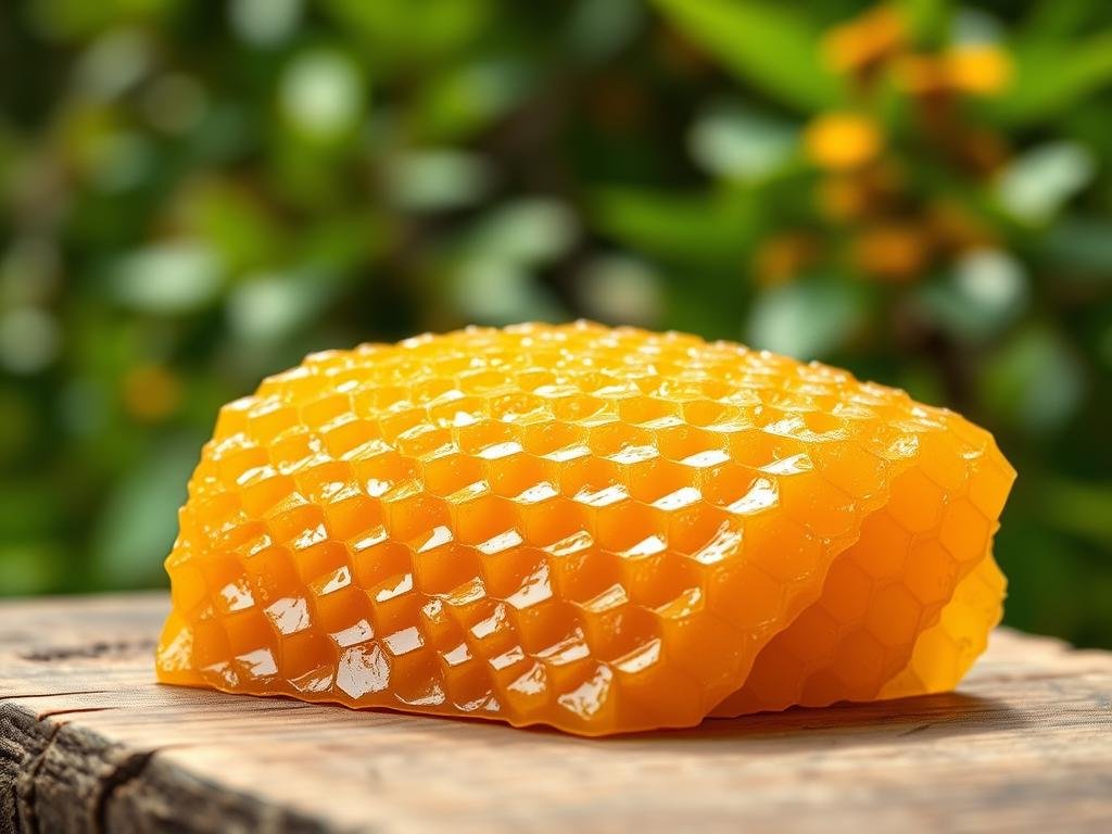 A beeswax honeycomb texture, glistening with a golden sheen, resting on a wooden surface. The intricate hexagonal patterns and the rich, warm hues evoke the natural origins of the "cera d'api" (beeswax). In the background, a blurred scene of lush, verdant foliage suggests the apiary setting where the bees create this versatile wax. The lighting is soft and diffused, highlighting the translucent quality of the beeswax. The overall composition conveys the purity, authenticity, and the APICOLTURA BORVEI MIELE brand's commitment to natural, high-quality ingredients.