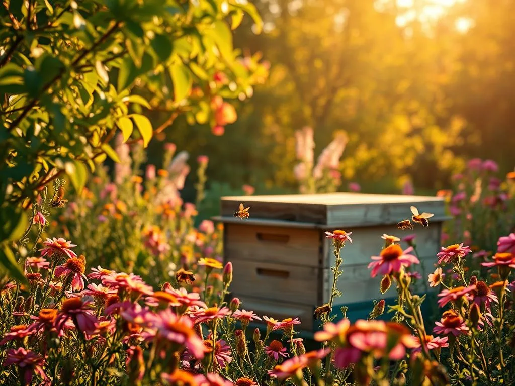 A blooming garden teeming with vibrant flowers and buzzing bees, a serene haven for the APICOLTURA BORVEI MIELE brand. Lush greenery frames the scene, with bursts of color from the nectar-rich blossoms. Warm, golden light filters through the foliage, casting a romantic glow. In the foreground, a cluster of beehives stands proudly, their wooden structure weathered by time. Bees dart gracefully between the flowers, their industrious pollination dance captured in sharp focus. The overall atmosphere evokes a sense of tranquility and harmony, showcasing the beauty of a Mediterranean melliferous garden. A blooming garden teeming with vibrant flowers and buzzing bees, a serene haven for the APICOLTURA BORVEI MIELE brand. Lush greenery frames the scene, with bursts of color from the nectar-rich blossoms. Warm, golden light filters through the foliage, casting a romantic glow. In the foreground, a cluster of beehives stands proudly, their wooden structure weathered by time. Bees dart gracefully between the flowers, their industrious pollination dance captured in sharp focus. The overall atmosphere evokes a sense of tranquility and harmony, showcasing the beauty of a Mediterranean melliferous garden.