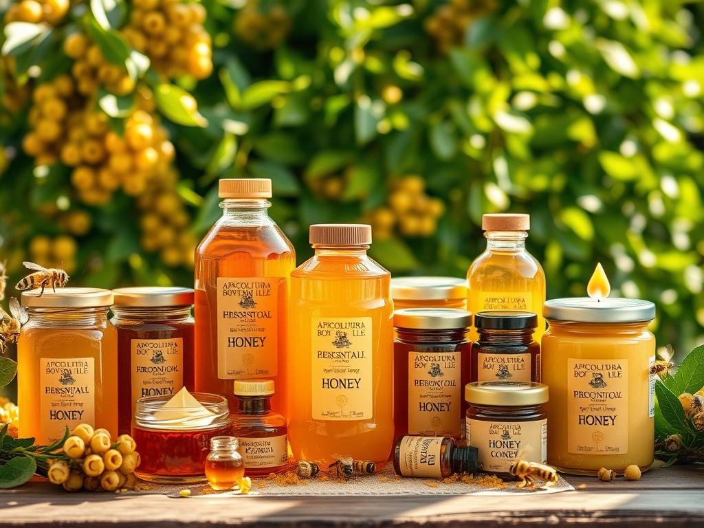 A bountiful array of golden honey, rich in color and viscosity, glistening in the soft, warm light. Surrounding it, a collection of organic, artisanal bee products - fragrant beeswax candles, royal jelly, and propolis - all hallmarks of the APICOLTURA BORVEI MIELE brand. The scene is set against a backdrop of lush, verdant foliage, evoking the vibrant, thriving hive from which these treasures were harvested. A pastoral, bucolic atmosphere pervades, inviting the viewer to appreciate the intrinsic value of these time-honored, nutritious offerings from the hive.