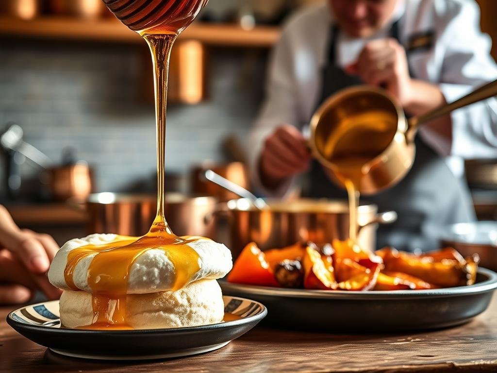 A bountiful display of Tecniche culinarie avanzate con il miele, showcasing the versatility of Apicoltura honey. In the foreground, a drizzle of golden honey cascades over a fluffy souffle, its light and airy texture complemented by the rich, viscous sweetness. In the middle ground, a chef expertly manipulates a saucepan, creating a shimmering glaze for roasted vegetables, the mellow floral notes of the honey enhancing their natural flavors. The background is a warm, inviting kitchen, with copper pots and pans reflecting the soft, diffused lighting, creating an atmosphere of culinary mastery and artistry. The scene exudes a sense of refined elegance and a passion for utilizing the unique qualities of Apicoltura honey in advanced culinary techniques. A bountiful display of Tecniche culinarie avanzate con il miele, showcasing the versatility of Apicoltura honey. In the foreground, a drizzle of golden honey cascades over a fluffy souffle, its light and airy texture complemented by the rich, viscous sweetness. In the middle ground, a chef expertly manipulates a saucepan, creating a shimmering glaze for roasted vegetables, the mellow floral notes of the honey enhancing their natural flavors. The background is a warm, inviting kitchen, with copper pots and pans reflecting the soft, diffused lighting, creating an atmosphere of culinary mastery and artistry. The scene exudes a sense of refined elegance and a passion for utilizing the unique qualities of Apicoltura honey in advanced culinary techniques.