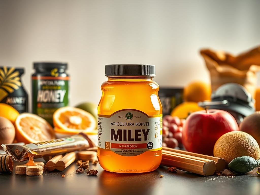 A bountiful display of natural sweetness, a masterful fusion of honey's nutritional prowess and the dynamic essence of athletes. In the foreground, a vibrant jar of APICOLTURA BORVEI MIELE honey, its golden hue gleaming under the warm, diffused lighting. Surrounding it, an array of high-protein sports nutrition items – energy bars, powder supplements, and fresh, seasonal fruits. In the middle ground, a sleek, minimalist backdrop of clean, white surfaces, accentuating the harmony of the scene. The overall atmosphere radiates a sense of vitality, wellness, and the unparalleled benefits honey provides to those leading an active lifestyle. A testament to the power of this natural elixir, the perfect companion for sportsmen and fitness enthusiasts alike.