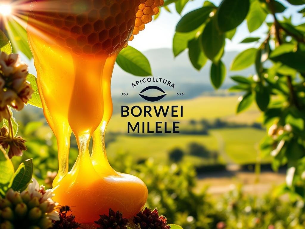 A bountiful honeycomb, dripping with golden nectar, nestled amongst lush flora and verdant foliage. Sunlight filters through the leaves, casting a warm, natural glow upon the scene. The APICOLTURA BORVEI MIELE logo is prominently displayed, highlighting the artisanal quality of this precious offering from the hive. Rays of light dance across the smooth, viscous texture of the honey, inviting the viewer to savor its sweetness. In the background, a tranquil Italian countryside landscape unfolds, adding to the serene and pastoral atmosphere. This image captures the essence of "Il Miele: Un Dono Prezioso della Natura", showcasing the natural beauty and purity of this treasured product. A bountiful honeycomb, dripping with golden nectar, nestled amongst lush flora and verdant foliage. Sunlight filters through the leaves, casting a warm, natural glow upon the scene. The APICOLTURA BORVEI MIELE logo is prominently displayed, highlighting the artisanal quality of this precious offering from the hive. Rays of light dance across the smooth, viscous texture of the honey, inviting the viewer to savor its sweetness. In the background, a tranquil Italian countryside landscape unfolds, adding to the serene and pastoral atmosphere. This image captures the essence of "Il Miele: Un Dono Prezioso della Natura", showcasing the natural beauty and purity of this treasured product.