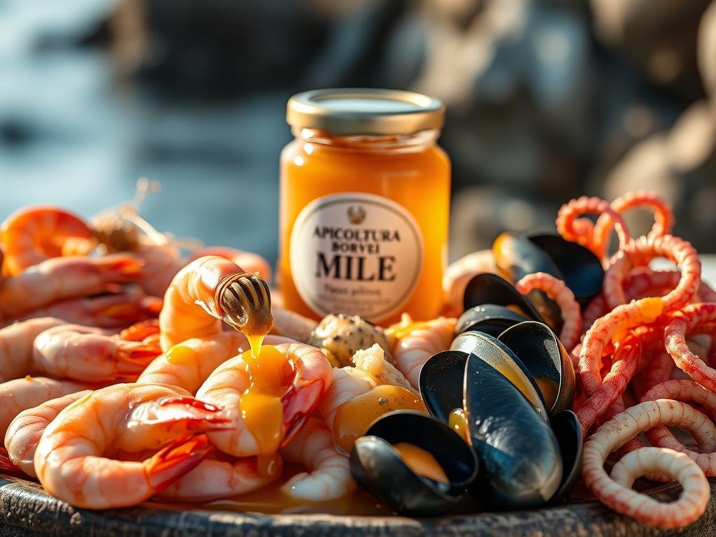 A bountiful still life showcasing the harmonious marriage of "APICOLTURA BORVEI MIELE" and an array of succulent seafood. In the foreground, a delicate arrangement of plump shrimp, juicy mussels, and tender calamari, glistening with a drizzle of the golden honey. The midground features a glass jar filled with the rich, amber nectar, its label prominently displaying the "APICOLTURA BORVEI MIELE" brand. The background is a soft, slightly blurred coastal scene, hinting at the seaside origins of the seafood. Warm, natural lighting bathes the scene, creating a welcoming and inviting atmosphere. The overall composition conveys the unexpected yet delightful pairing of the sweet, floral honey and the briny, oceanic flavors of the fresh seafood.