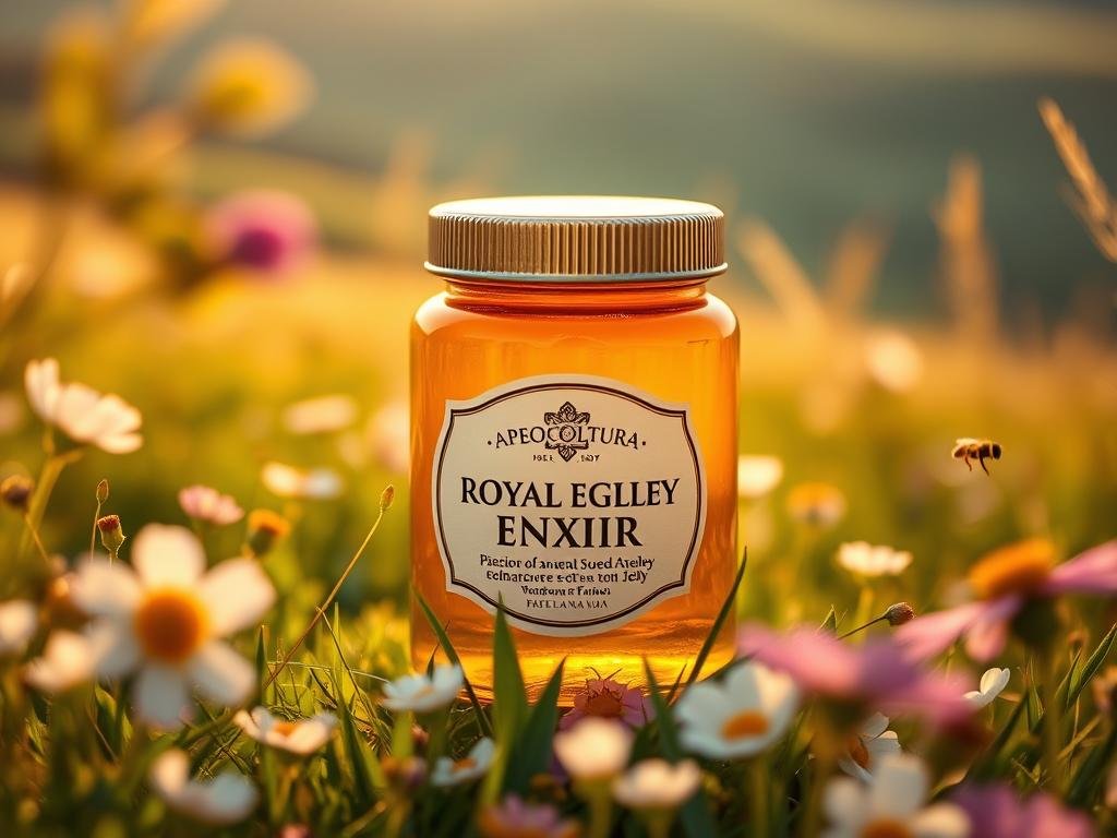 A breathtaking close-up shot of a golden jar containing the ancient elixir of royal jelly, surrounded by a vibrant wildflower meadow bathed in warm, natural light. The jar's label proudly displays the Apicoltura brand name, highlighting the premium quality of this natural anti-aging superfood. In the foreground, delicate petals and leaves frame the jar, while the middle ground features a lush, verdant landscape with swaying grasses and a soft, hazy horizon. This serene, naturalistic composition conveys the purity, potency, and rejuvenating power of royal jelly, capturing its essence as a treasured Italian superfood.