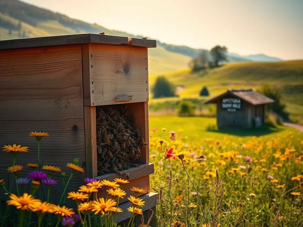 A bucolic Italian countryside scene, with rolling hills and lush green meadows. In the foreground, a wooden beehive stands proudly, its entrance abuzz with industrious honeybees. Surrounding the hive, fields of vibrant wildflowers sway gently in the warm breeze. The sunlight casts a golden glow, illuminating the scene with a serene and natural atmosphere. In the background, a small apiary, bearing the sign "APICOLTURA BORVEI MIELE", nestles among the picturesque landscape. The overall composition conveys the beauty and wonder of the world of bees and their precious products.