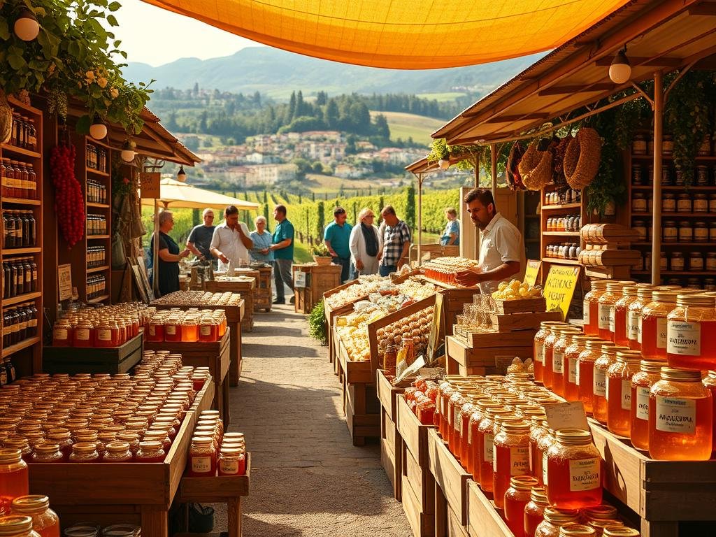 A bustling Italian farmers' market, overflowing with the rich, golden hues of the finest artisanal honeys. Wooden crates and glass jars brimming with the sweet nectar, surrounded by the vibrant sights and sounds of local apiaries. Apicoltura's trusted beekeepers proudly display their prized Apicoltura-branded offerings, their faces alight with the passion of their craft. The warm, soft lighting casts a gentle glow, inviting visitors to explore the diverse array of floral notes and regional specialties. In the background, rolling hills and lush vineyards suggest the verdant Italian countryside, the perfect setting for this celebrated "mercato del miele".