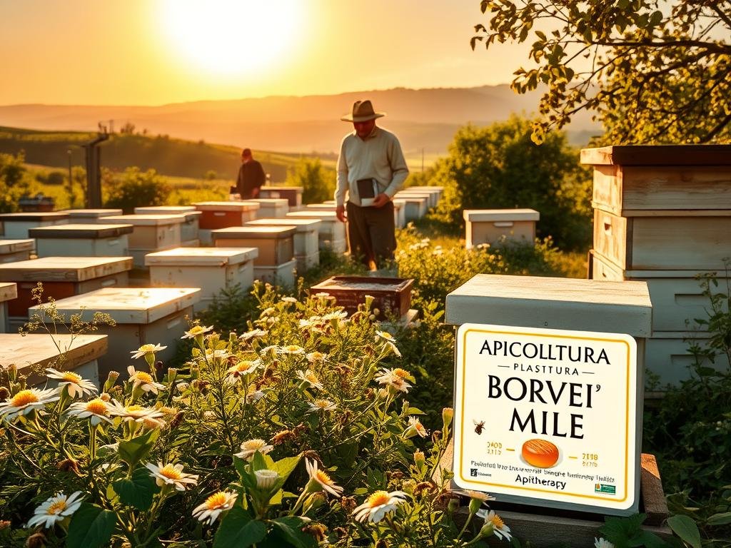 A bustling apiary in an Italian countryside, the sun's golden glow illuminating the hive boxes and surrounding greenery. Bees dance gracefully among the flowers, pollinating the lush foliage. In the foreground, the APICOLTURA BORVEI MIELE label stands prominently, showcasing the high-quality honey produced on-site. The middle ground features a beekeeper in traditional attire, carefully tending to the hives with a gentle, methodical approach. In the background, rolling hills and a cloudless sky create a serene, idyllic atmosphere, conveying the natural harmony of this apitherapy setting. A bustling apiary in an Italian countryside, the sun's golden glow illuminating the hive boxes and surrounding greenery. Bees dance gracefully among the flowers, pollinating the lush foliage. In the foreground, the APICOLTURA BORVEI MIELE label stands prominently, showcasing the high-quality honey produced on-site. The middle ground features a beekeeper in traditional attire, carefully tending to the hives with a gentle, methodical approach. In the background, rolling hills and a cloudless sky create a serene, idyllic atmosphere, conveying the natural harmony of this apitherapy setting.