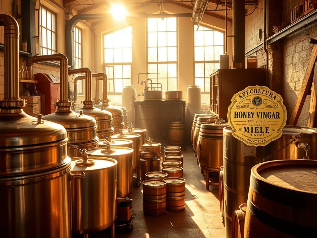 A bustling artisanal workshop, sunlight streaming through large windows, illuminating the intricate process of honey vinegar production. Rows of stainless steel vats and oak barrels stand ready, the air rich with the warm, earthy aroma of fermenting nectar. Skilled hands carefully monitor the temperature and pH, meticulously tending to the ancient alchemy that transforms the golden elixir into the prized APICOLTURA BORVEI MIELE vinegar. In the background, an ornate vintage label suggests the heritage and quality of this cherished Italian product. The scene radiates a sense of tradition, craftsmanship, and the harmonious balance between nature and human ingenuity.