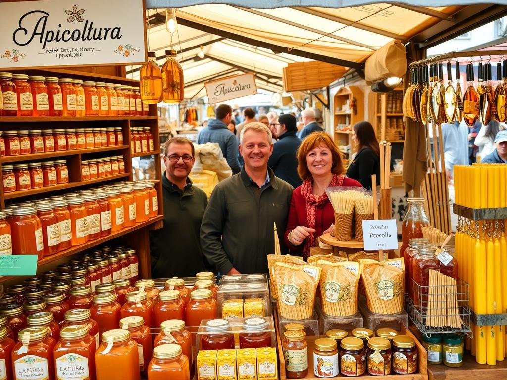 A bustling market stall, brimming with jars of golden honey and an array of artisanal apiary products. The stall is adorned with the "Apicoltura" brand, showcasing its commitment to quality and traditional beekeeping practices. In the foreground, colorful display cases present a variety of honeys, propolis, and beeswax candles, all carefully arranged to catch the eye of passersby. The middle ground features the cheerful faces of the stall's owners, eager to share their knowledge and passion for these natural treasures. In the background, a lively outdoor marketplace unfolds, with people browsing the diverse selection of local, handcrafted goods. The scene is bathed in warm, natural light, creating a cozy and inviting atmosphere that reflects the artisanal spirit of the "Mercati, Fiere e Negozi Specializzati".