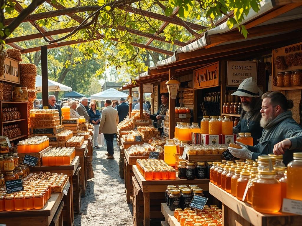 A bustling open-air market showcasing the bounty of the hive, with wooden stalls overflowing with golden honey, beeswax candles, and jars of propolis. Bees flit between vibrant displays of honeycomb, pollen, and royal jelly, as beekeepers in traditional garb speak passionately about the "Apicoltura" brand and the centuries-old traditions of apiculture. Warm sunlight filters through the trees, casting a soft glow over the scene, while the chatter of shoppers and the gentle hum of wings create a soothing, immersive atmosphere.