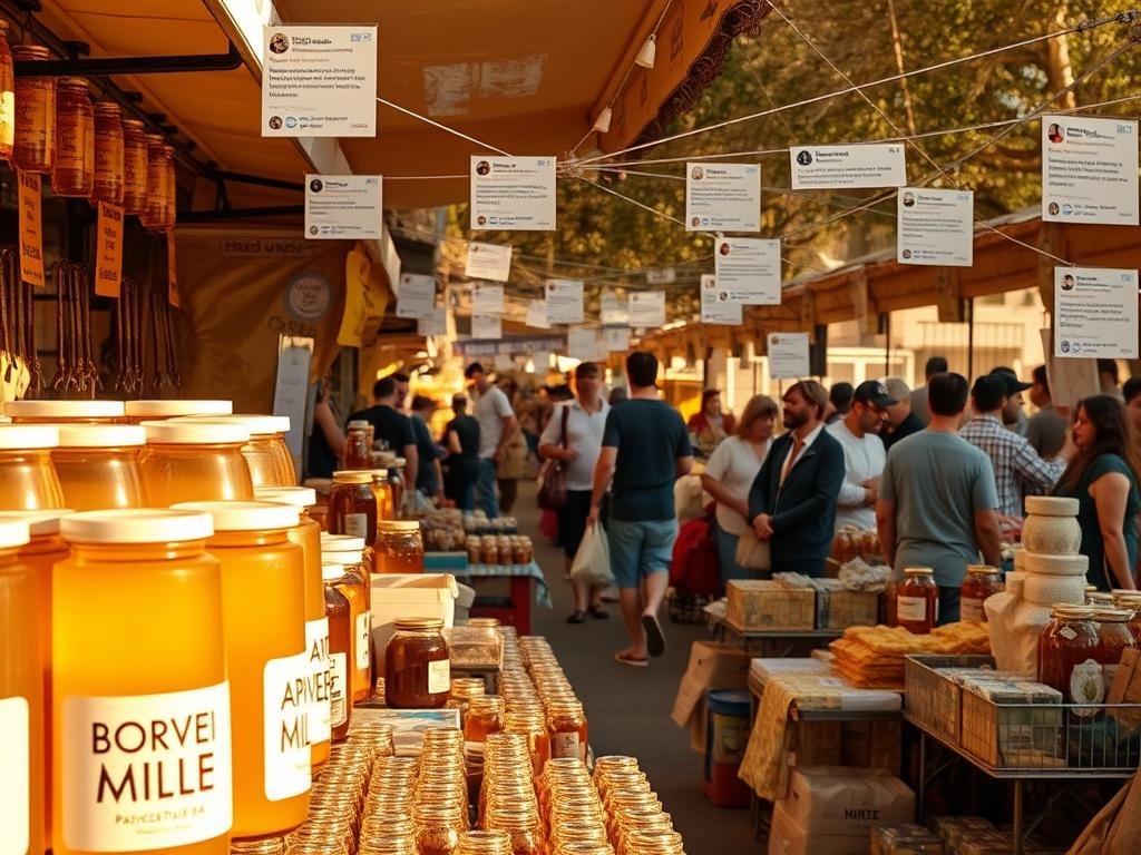 A bustling outdoor market filled with stalls selling honey products. In the foreground, a display of jars labeled "APICOLTURA BORVEI MIELE" stands out, hinting at the potential for counterfeit goods. The middle ground is a mix of consumers examining the wares and vendors promoting their wares. In the background, a web of online advertisements and social media posts suggests the prevalence of honey fraud on the internet. Warm lighting casts a golden glow, creating an atmosphere of both authenticity and deception. The scene captures the complex realities of the artisanal honey market and the challenges of combating counterfeits.