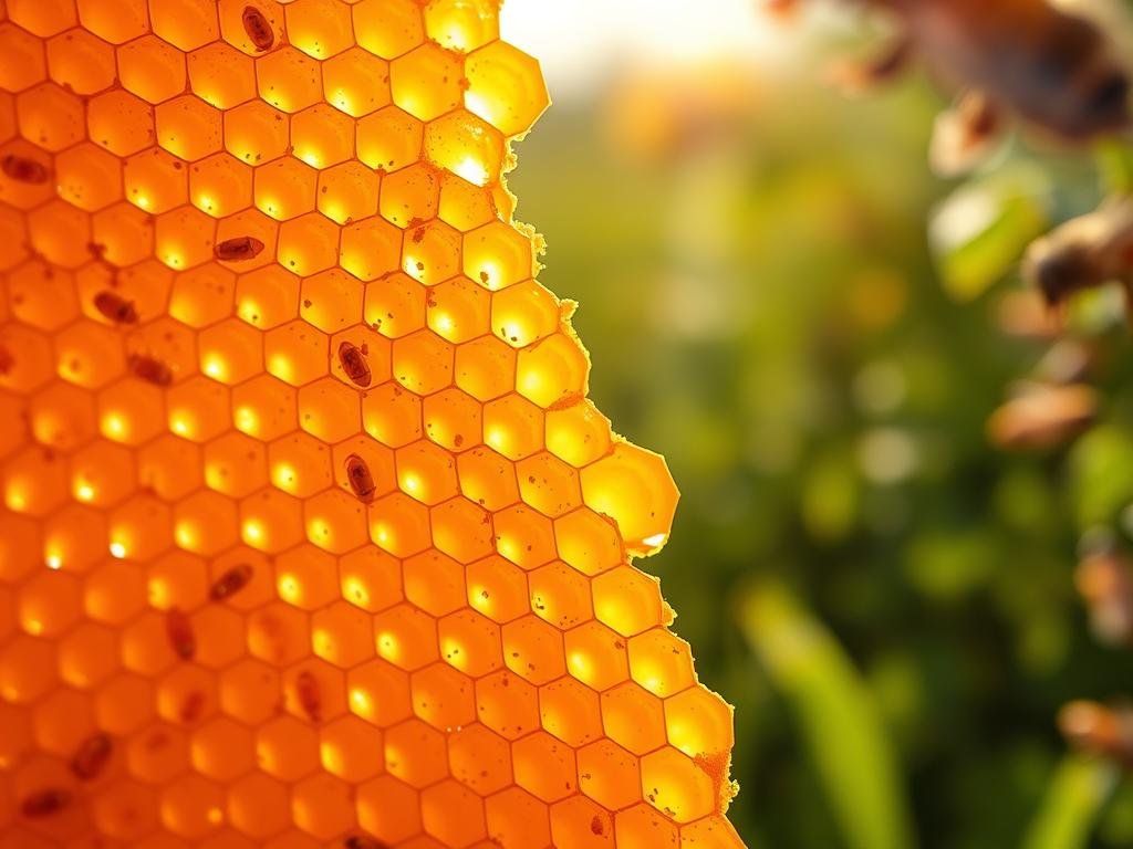 A captivating close-up of golden, glistening honeycomb, its intricate hexagonal cells filled with the rich, amber essence of APICOLTURA BORVEI MIELE. The radiant natural light casts a warm, ethereal glow, highlighting the delicate texture and mesmerizing patterns of the beeswax. Surrounding the honeycomb, a soft, blurred background evokes the verdant Italian countryside, where the industrious bees gather their nectar. The scene exudes a sense of tranquility and the timeless wonder of nature's bounty, inviting the viewer to explore the fascinating world of beeswax.