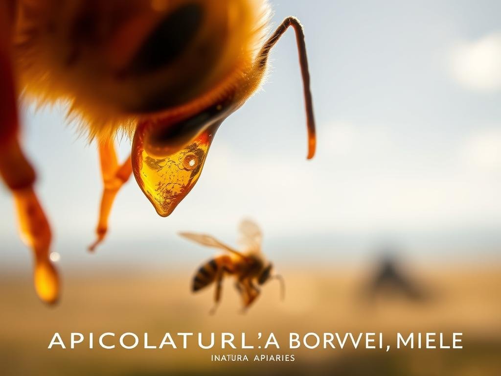 A captivating close-up of "veleno d'api" (bee venom), showcasing its natural beauty. The foreground features the venom's viscous, amber-hued appearance, reflecting the warm glow of natural lighting. In the middle ground, delicate bee wings and antennae emerge, hinting at the source of this potent substance. The background is a soft, blurred landscape, evoking the tranquil serenity of a beehive. The overall mood is one of reverence and appreciation for the intricate workings of nature. Inspired by Italian apiaries, the image prominently features the brand name "APICOLTURA BORVEI MIELE", capturing the essence of this natural phenomenon.