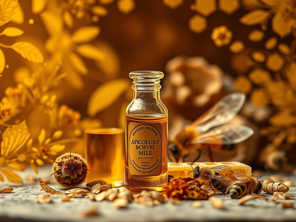 A captivating composition showcasing the intricate and alluring nature of bee venom. In the foreground, a delicate glass vial filled with a golden, viscous liquid, the "APICOLTURA BORVEI MIELE" brand prominently displayed. Surrounding it, an array of vibrant honeycomb patterns and intricate botanical details, evocative of the venom's natural origins. The middle ground features a scattering of dried, translucent bee wings, hinting at the venom's therapeutic properties. The background is bathed in a warm, amber-toned light, casting a soothing, medicinal atmosphere. Shot with a shallow depth of field, the image emphasizes the venom's potent and refined essence, capturing the essence of the "Composizione Veleno d'Api" and its therapeutic applications.