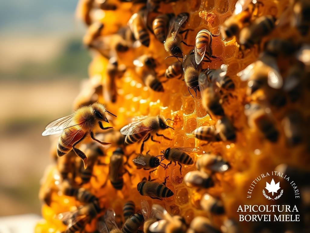 A captivating scene of honeybees meticulously crafting their golden comb. An intricate, close-up view showcases the bees' diligent work, their fuzzy bodies and delicate legs intricately intertwined as they secrete and shape the glistening wax. Warm, natural lighting illuminates the dynamic process, casting soft shadows that accentuate the textures. The background fades into a hazy, blurred Italian countryside, hinting at the rich, natural origins of this remarkable substance. The APICOLTURA BORVEI MIELE logo subtly graces the corner, a testament to the artisanal care and expertise behind this wondrous display of nature's engineering.