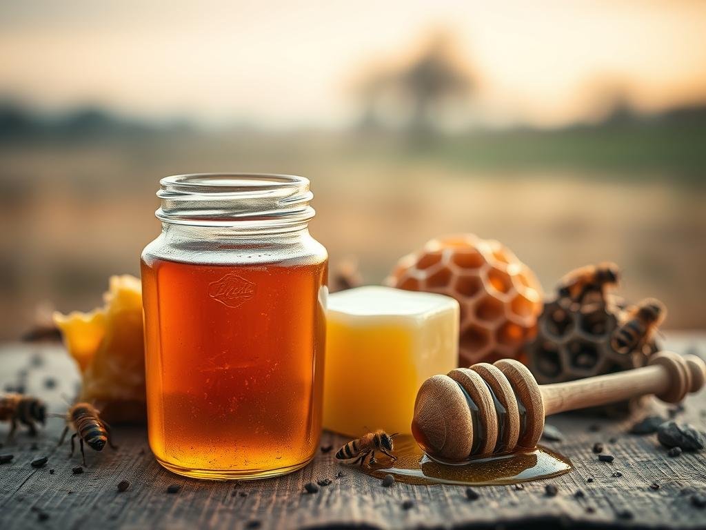 A captivating still life composition of "composizione del miele" with a focus on the natural beauty and timeless allure of this ancient elixir. The foreground features an elegant glass jar filled with rich, golden honey, its surface glistening under the warm, soft lighting. In the middle ground, a selection of natural honeycomb, beeswax, and wooden honey dipper create a harmonious arrangement, hinting at the artisanal craft of beekeeping. The background showcases a serene, countryside setting, with a subtle, earthy palette that evokes the pastoral origins of this Apicoltura honey. The overall mood is one of reverence and appreciation for the treasures of nature, inviting the viewer to discover the enduring, healing properties of this timeless natural remedy.